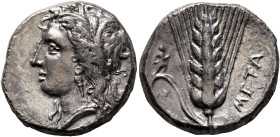 LUCANIA. Metapontion. Circa 330-290 BC. Didrachm or Nomos (Silver, 21 mm, 7.76 g, 3 h). Head of Demeter to left, wearing wreath of grain ears, triple ...