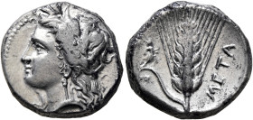 LUCANIA. Metapontion. Circa 330-290 BC. Didrachm or Nomos (Silver, 20 mm, 7.85 g, 12 h). Head of Demeter to left, wearing wreath of grain ears, triple...