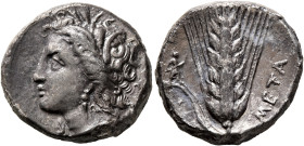 LUCANIA. Metapontion. Circa 330-290 BC. Didrachm or Nomos (Silver, 19 mm, 7.64 g, 1 h). Head of Demeter to left, wearing wreath of grain ears, triple ...