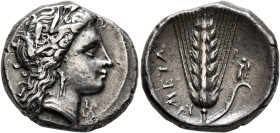 LUCANIA. Metapontion. Circa 330-290 BC. Didrachm or Nomos (Silver, 21 mm, 7.60 g, 12 h). Head of Demeter to right, wearing wreath of grain ears, tripl...