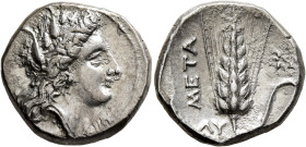 LUCANIA. Metapontion. Circa 330-290 BC. Didrachm or Nomos (Silver, 21.5 mm, 7.95 g, 6 h). Head of Demeter to right, wearing wreath of grain ears, trip...