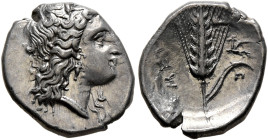 LUCANIA. Metapontion. Circa 325-275 BC. Triobol (Silver, 13 mm, 1.28 g, 6 h). Head of Demeter to right, wearing wreath of grain ears, triple pendant e...