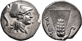 LUCANIA. Metapontion. Punic occupation, circa 215-207 BC. Half Shekel (Silver, 17 mm, 3.73 g, 3 h). Head of Athena to right, wearing crested Corinthia...