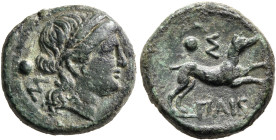 LUCANIA. Paestum (Poseidonia). Second Punic War, 218-201 BC. Sescuncia (Bronze, 14 mm, 2.68 g, 5 h). Head of Demeter to right, wearing wreath of grain...
