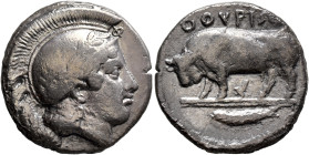 LUCANIA. Thourioi. Circa 443-400 BC. Didrachm or Nomos (Silver, 21 mm, 7.43 g, 12 h). Head of Athena to right, wearing crested and laureate Attic helm...