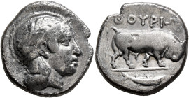 LUCANIA. Thourioi. Circa 443-400 BC. Didrachm or Nomos (Silver, 21 mm, 7.55 g, 11 h). Head of Athena to right, wearing crested and laureate Attic helm...