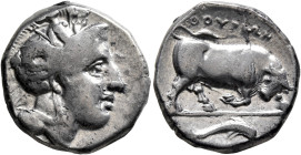 LUCANIA. Thourioi. Circa 400-350 BC. Didrachm or Nomos (Silver, 19 mm, 7.56 g, 1 h). Head of Athena to right, wearing crested Attic helmet adorned, on...