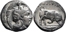 LUCANIA. Thourioi. Circa 400-350 BC. Didrachm or Nomos (Silver, 20 mm, 7.45 g, 12 h). Head of Athena to right, wearing crested Attic helmet adorned, o...