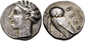 LUCANIA. Velia. Circa 440/35-400 BC. Drachm (Silver, 17 mm, 4.00 g, 1 h). Head of a nymph to left. Rev. YEΛH Owl standing left on olive branch, head f...