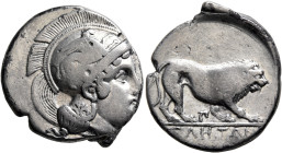 LUCANIA. Velia. Circa 340-334 BC. Didrachm or Nomos (Silver, 21 mm, 7.42 g, 7 h). Head of Athena to right, wearing crested Attic helmet adorned with a...