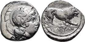 LUCANIA. Velia. Circa 340-334 BC. Didrachm or Nomos (Silver, 23 mm, 7.37 g, 2 h). Head of Athena to right, wearing crested Attic helmet adorned with a...