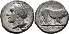 LUCANIA. Velia. Circa 340-334 BC. Didrachm or Nomos (Silver, 21 mm, 7.32 g, 12 h). Head of Athena to left, wearing crested Attic helmet adorned with a...