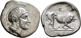 LUCANIA. Velia. Circa 340-334 BC. Didrachm or Nomos (Silver, 23.5 mm, 7.46 g, 6 h). Head of Athena to right, wearing crested Attic helmet adorned with...