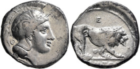 LUCANIA. Velia. Circa 340-334 BC. Didrachm or Nomos (Silver, 22 mm, 7.35 g, 6 h). Head of Athena to right, wearing crested Attic helmet adorned with a...