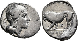 LUCANIA. Velia. Circa 334-300 BC. Didrachm or Nomos (Silver, 22 mm, 7.63 g, 3 h). Head of Athena to right, wearing crested Attic helmet adorned with a...