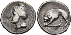 LUCANIA. Velia. Circa 334-300 BC. Didrachm or Nomos (Silver, 23 mm, 7.22 g, 11 h). Head of Athena to left, wearing Phrygian helmet decorated with a ce...