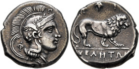 LUCANIA. Velia. Circa 300-280 BC. Didrachm or Nomos (Silver, 19 mm, 7.48 g, 12 h). Head of Athena to right, wearing winged, laureate and crested Attic...