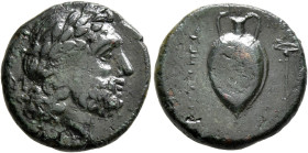 BRUTTIUM. Hipponion. Circa 350-280 BC. AE (Bronze, 18 mm, 5.55 g, 7 h). [ΔΙΟΣ] Laureate head of Zeus to right; to left, monogram. Rev. EIΠΩΝΙΕΩ[Ν] Amp...