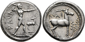 BRUTTIUM. Kaulonia. Circa 475-425 BC. Nomos (Silver, 22 mm, 8.20 g, 1 h). KAVΛ Apollo, nude, advancing to right, with a laurel branch in his upraised ...