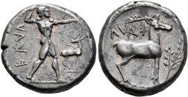 BRUTTIUM. Kaulonia. Circa 475-425 BC. Nomos (Silver, 19 mm, 7.79 g, 3 h). KAVΛ Apollo, nude, advancing to right, with a laurel branch in his upraised ...