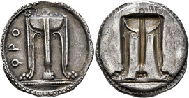 BRUTTIUM. Kroton. Circa 530-500 BC. Stater (Silver, 29 mm, 7.98 g, 12 h). ϘΡΟ Tripod with legs ending in lion's feet, and with three handles and snake...