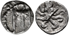 BRUTTIUM. Kroton. Circa 470-430 BC. Obol (Silver, 8 mm, 0.45 g). Tripod with three handles. Rev. Octopus. Attianese 84. HN Italy -. SNG ANS -. Very ra...