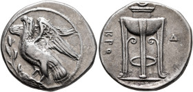 BRUTTIUM. Kroton. Circa 350-300 BC. Didrachm or Nomos (Silver, 24 mm, 7.62 g, 6 h). Eagle with spread wings standing left on olive branch, its head ra...