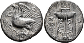 BRUTTIUM. Kroton. Circa 350-300 BC. Didrachm or Nomos (Silver, 23 mm, 7.45 g, 9 h). Eagle with spread wings standing left on olive branch. Rev. ΚΡΟ Tr...