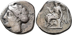 BRUTTIUM. Terina. Circa 420-400 BC. Didrachm or Nomos (Silver, 19 mm, 7.36 g, 11 h). [TEPINAIΩN] Head of the nymph Terina to left, her hair bound in a...