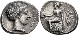 BRUTTIUM. Terina. Circa 400-356 BC. Didrachm or Nomos (Silver, 21 mm, 7.71 g, 6 h). [TEPI]NAION Head of the nymph Terina to right, wearing pearl neckl...