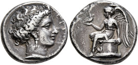 BRUTTIUM. Terina. Circa 400-356 BC. Didrachm or Nomos (Silver, 20 mm, 7.43 g, 12 h). TEPIN[AION] Head of the nymph Terina to right, wearing triple pen...