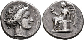 BRUTTIUM. Terina. Circa 420-400 BC. Didrachm or Nomos (Silver, 20 mm, 7.31 g, 5 h). TEPINAION Head of the nymph Terina to right, wearing triple-pendan...