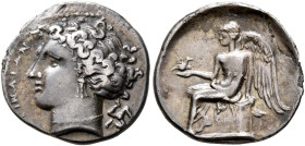 BRUTTIUM. Terina. Circa 300 BC. Drachm (Silver, 17 mm, 2.45 g, 11 h). [TEP]INAIΩN Head of the nymph Terina to left, wearing triple pendant earring and...