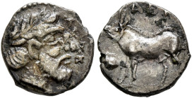 SICILY. Abakainon. Circa 420-400 BC. Litra (Silver, 10 mm, 0.70 g, 1 h). Laureate head of Zeus to right. Rev. ABAK Boar standing left; to left, acorn....