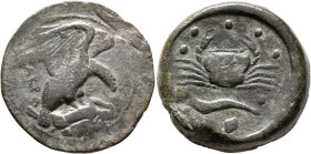 SICILY. Akragas. Circa 415-406 BC. Hemilitron (Bronze, 30 mm, 18.20 g, 2 h). AKPA Eagle standing right with spread wings and dead hare in its talons. ...