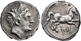 SICILY. Akragas. Punic occupation, 213-211 BC. Half Shekel (Silver, 15 mm, 1.64 g, 5 h). Male head (of Triptolemos?) to right, wearing wreath of grain...