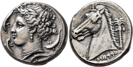 SICILY. Entella (?). Punic issues, circa 320/15-300 BC. Tetradrachm (Silver, 25 mm, 17.00 g, 8 h). Head of Tanit-Persephone to left, wearing wreath of...