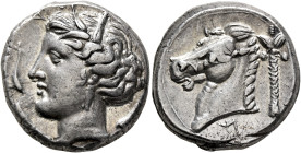 SICILY. Entella (?). Punic issues, circa 320/15-300 BC. Tetradrachm (Silver, 23 mm, 17.29 g, 6 h). Head of Tanit-Persephone to left, wearing wreath of...