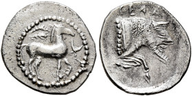 SICILY. Gela. Circa 465-450 BC. Litra (Silver, 12 mm, 0.72 g, 9 h). Horse standing right; above, wreath; to right, crescent. Rev. CEΛA Forepart of the...