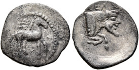 SICILY. Gela. Circa 465-450 BC. Litra (Silver, 13 mm, 0.67 g, 9 h). Bridled horse standing right, reins trailing from mouth; above, wreath. Rev. CEΛA ...