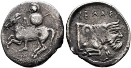 SICILY. Gela. Circa 430-425 BC. Litra (Silver, 13 mm, 0.54 g, 12 h). Helmeted horseman galloping left, holding spear and round shield with his left ha...
