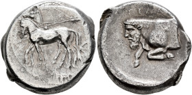 SICILY. Gela. Circa 425-420 BC. Tetradrachm (Silver, 25 mm, 16.88 g, 12 h). Charioteer driving quadriga moving slowly to the left; above, Nike flying ...