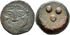 SICILY. Himera. Circa 425-409 BC. Tetras or Trionkion (Bronze, 21 mm, 8.88 g). Facing Gorgoneion. Rev. Three pellets (mark of value). CNS 18. HGC 2, 4...