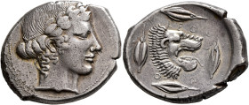 SICILY. Leontini. Circa 450-440 BC. Tetradrachm (Silver, 29 mm, 17.00 g, 7 h). Laureate head of Apollo to right. Rev. ΛEONTI-N-O-N Head of a lion with...