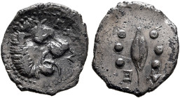 SICILY. Leontini. Circa 450-440 BC. Hemilitron (Silver, 10 mm, 0.37 g, 12 h). ΛEON Head of a lion with open jaws to right. Rev. Λ-E Barley grain; to l...