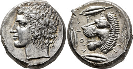 SICILY. Leontini. Circa 430-425 BC. Tetradrachm (Silver, 24 mm, 17.48 g, 12 h). Laureate head of Apollo to left. Rev. ΛEON-TI-NON Head of a lion with ...