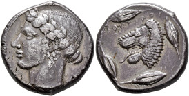 SICILY. Leontini. Circa 430-425 BC. Tetradrachm (Silver, 25 mm, 16.91 g, 5 h). Laureate head of Apollo to left. Rev. ΛEONTINON Head of a lion with ope...
