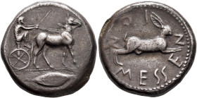 SICILY. Messana. 475-471 BC. Tetradrachm (Silver, 25 mm, 17.09 g, 9 h). Charioteer, holding kentron in his right hand and reins in his left, driving b...