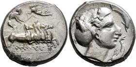 SICILY. Panormos (as Ziz). Circa 405-380 BC. Tetradrachm (Silver, 26 mm, 16.67 g, 12 h). Charioteer driving quadriga galloping to right, holding kentr...