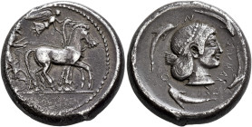 SICILY. Syracuse. Deinomenid Tyranny, 485-466 BC. Tetradrachm (Silver, 24 mm, 17.21 g, 12 h), circa 480-475. Charioteer driving quadriga walking to ri...
